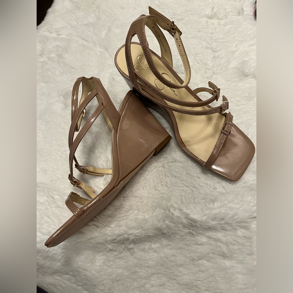 Jessica Simpson Beige Patent Strappy Wedge Heels